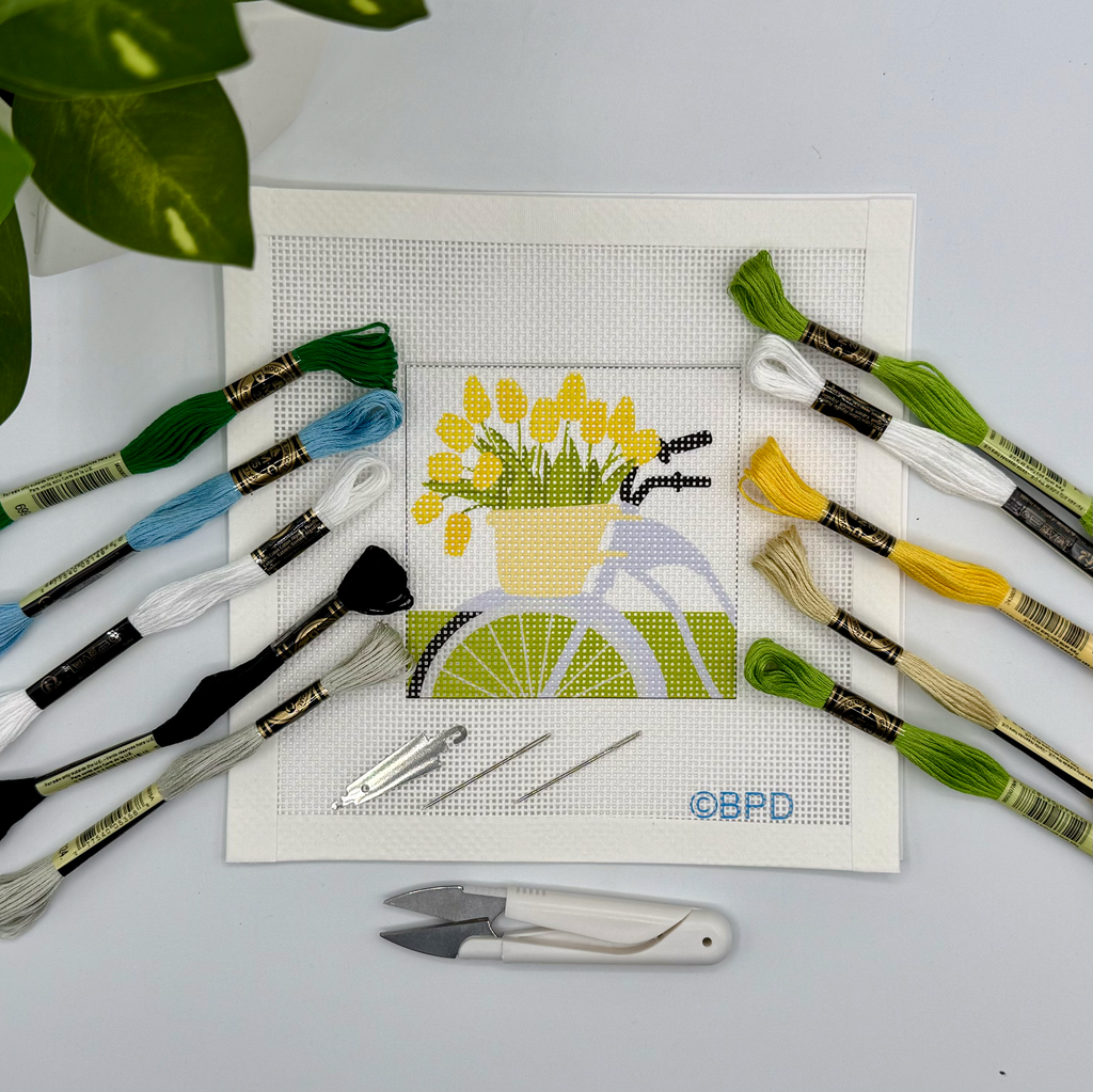 Blue Bicycle with Yellow Flowers Needlepoint Kit -Blue Poppy Designs-NP44-OBJ-013