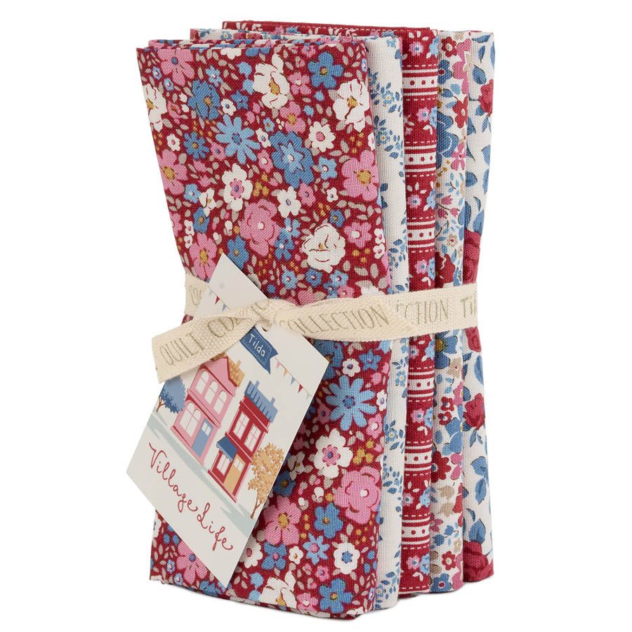 Village Life -Fat Quarter Bundle 5pcs Burgundy-Tilda-TIL300276