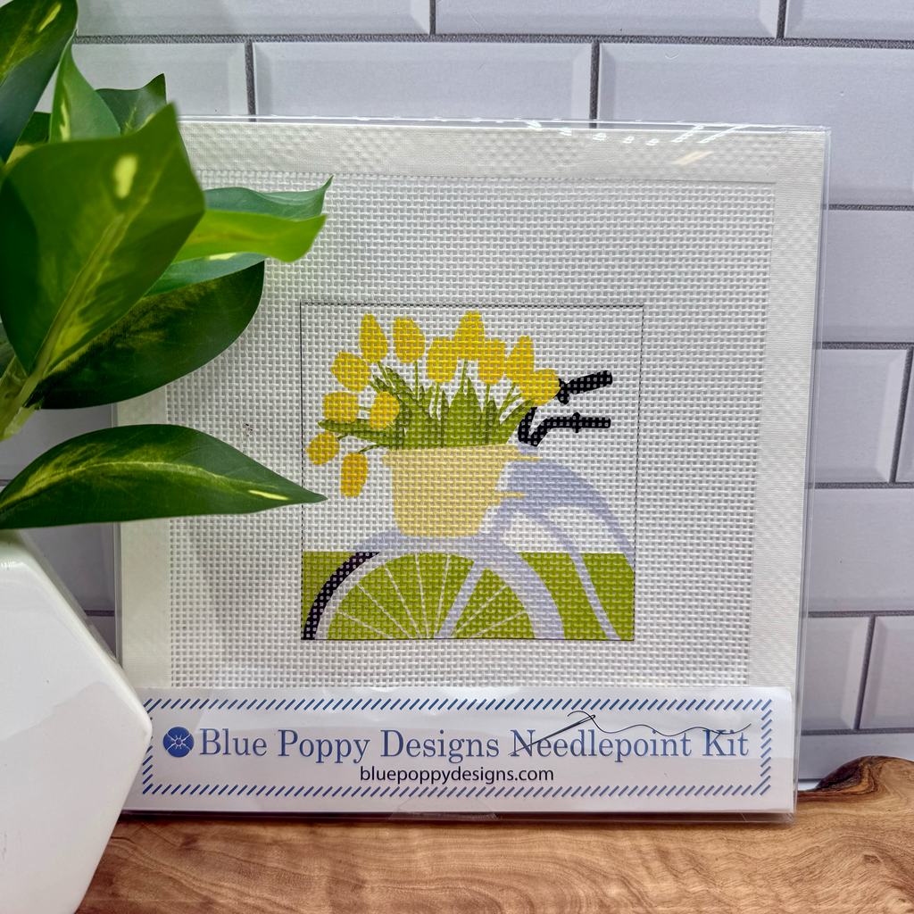 Blue Bicycle with Yellow Flowers Needlepoint Kit -Blue Poppy Designs-NP44-OBJ-013
