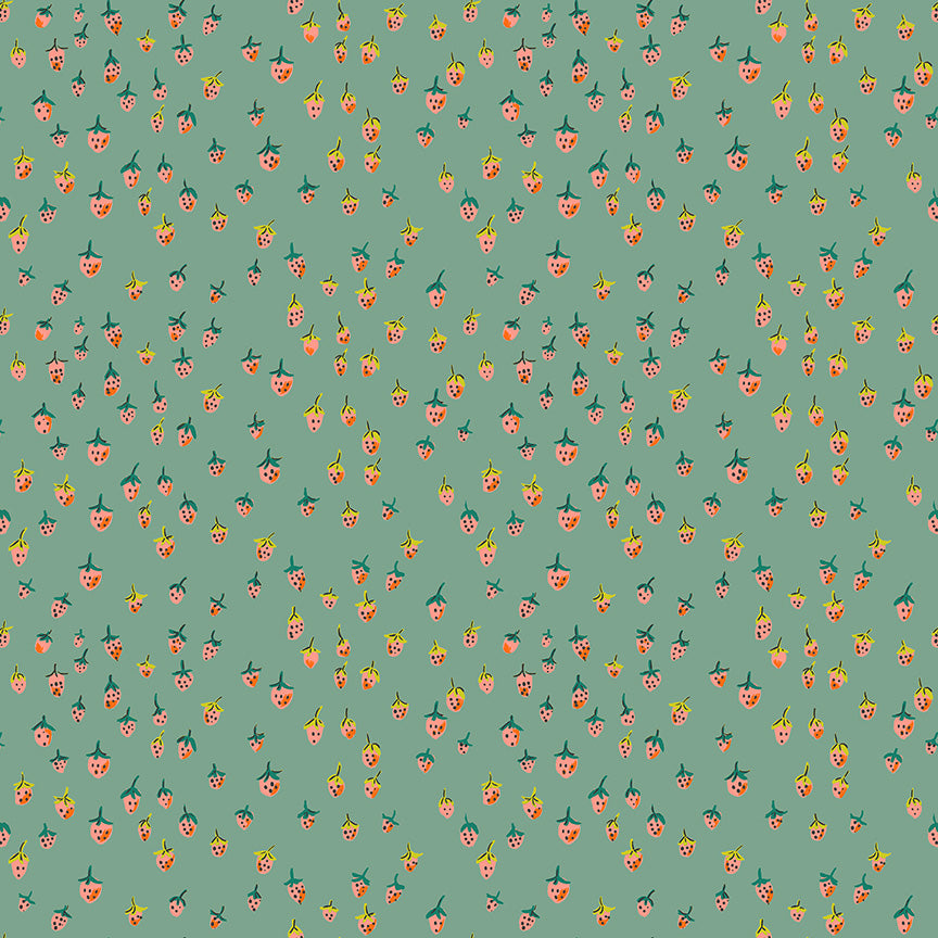 COMING SOON! - Heather Ross Favorites-Field Strawberries-Teal-50899D-13