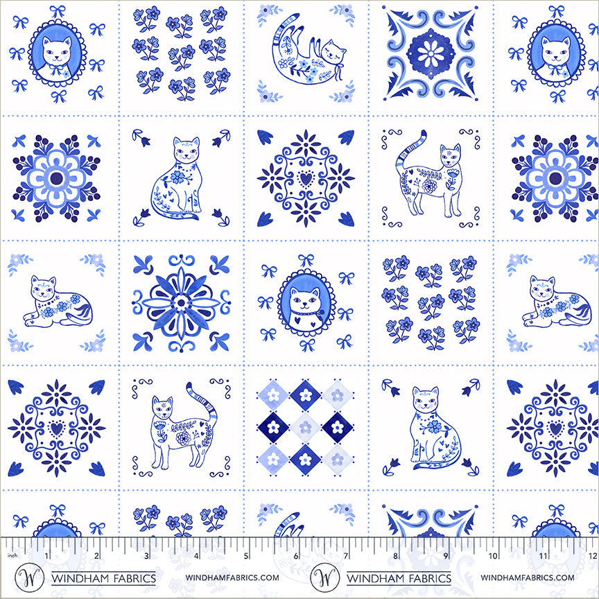 Chateau Meow-Tiny Tiles White/Blue-Windham Studios-55342-1 White/Blue