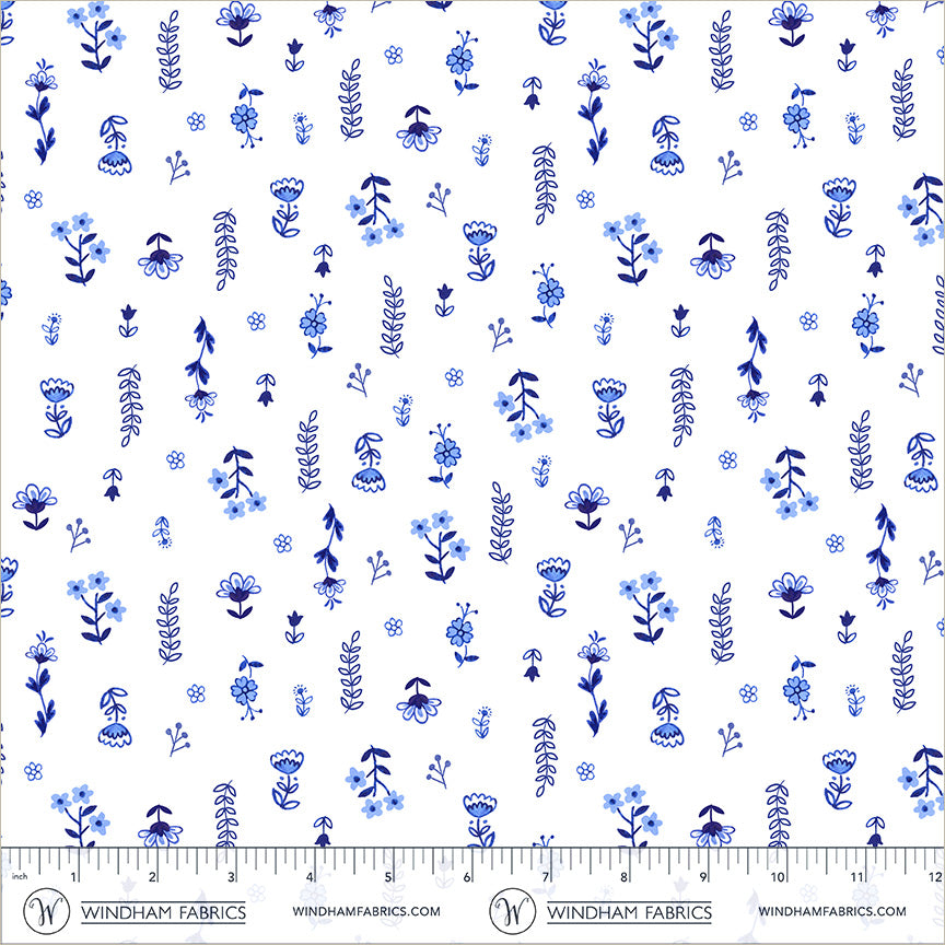 Chateau Meow-Painted Florals White/Blue-Windham Studios-55346-1 White/Blue