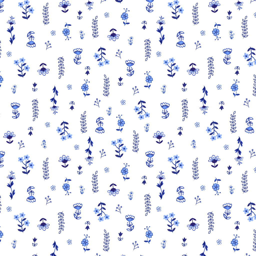 Chateau Meow-Painted Florals White/Blue-Windham Studios-55346-1 White/Blue